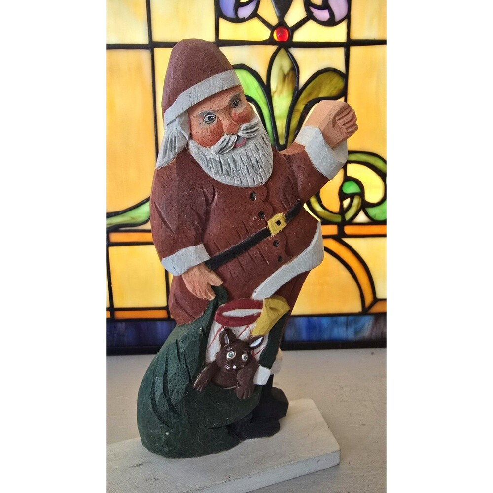 Folk art Santa Christmas decoration Carved wood standing with Bag of Toys 1994